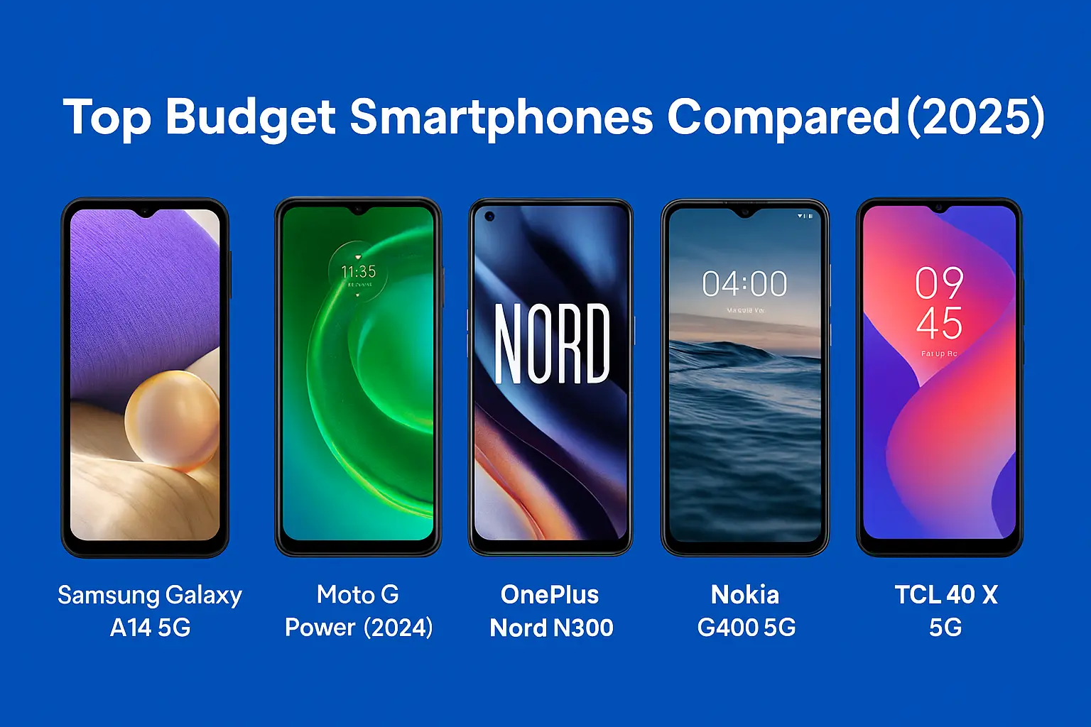 Top Budget Smartphones Compared – Galaxy A14, Moto G, OnePlus N300, Nokia G400, TCL 40 X