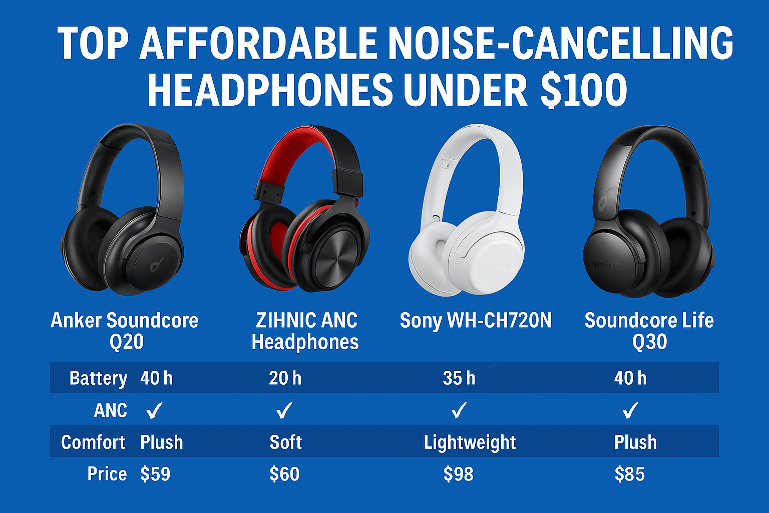 Top affordable noise-cancelling headphones under $100 (2025) - Comparison